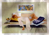 Model lounging on couch using Relaxacisor